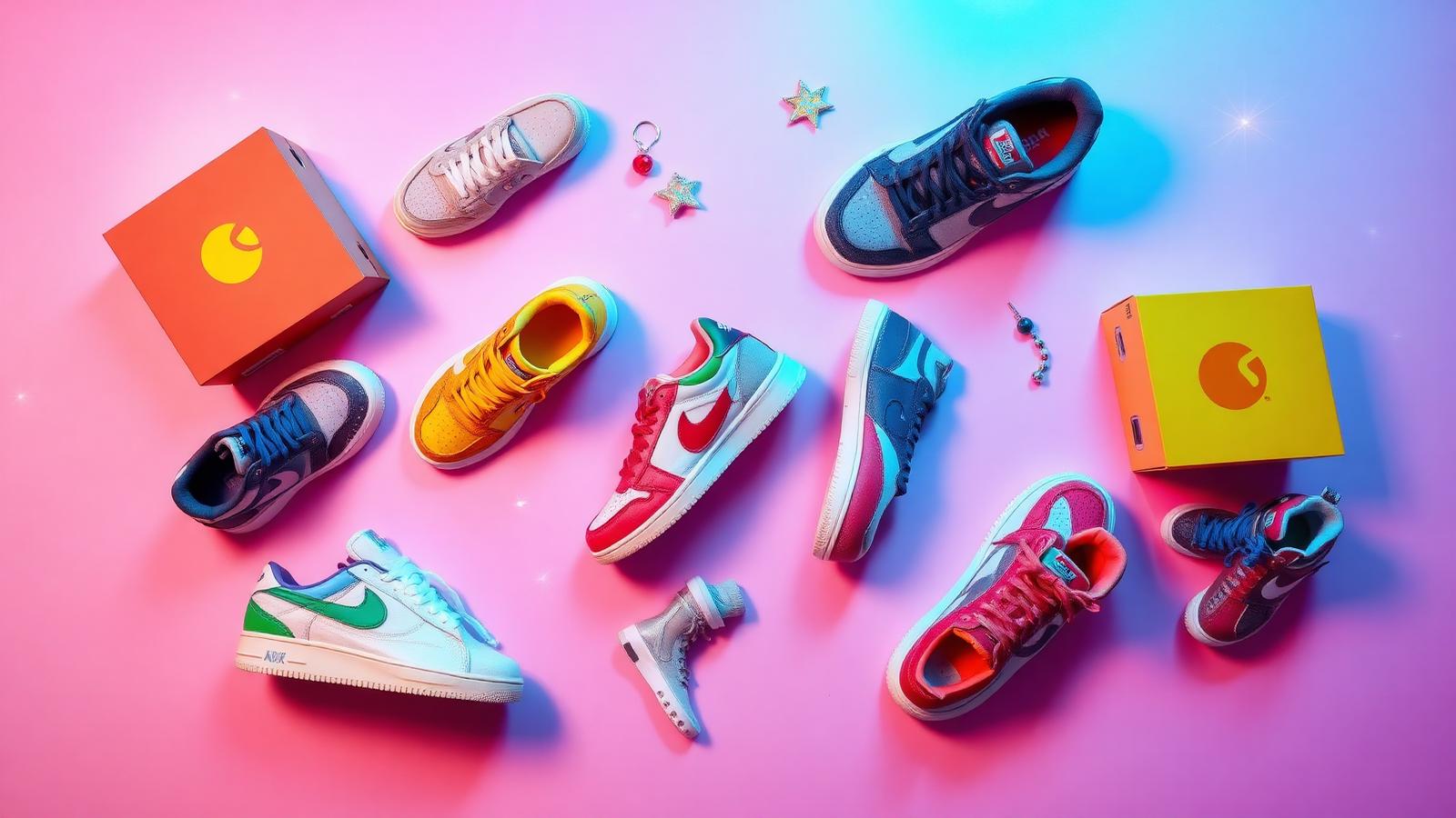 Colorful sneakers arranged on a pink and lavender gradient