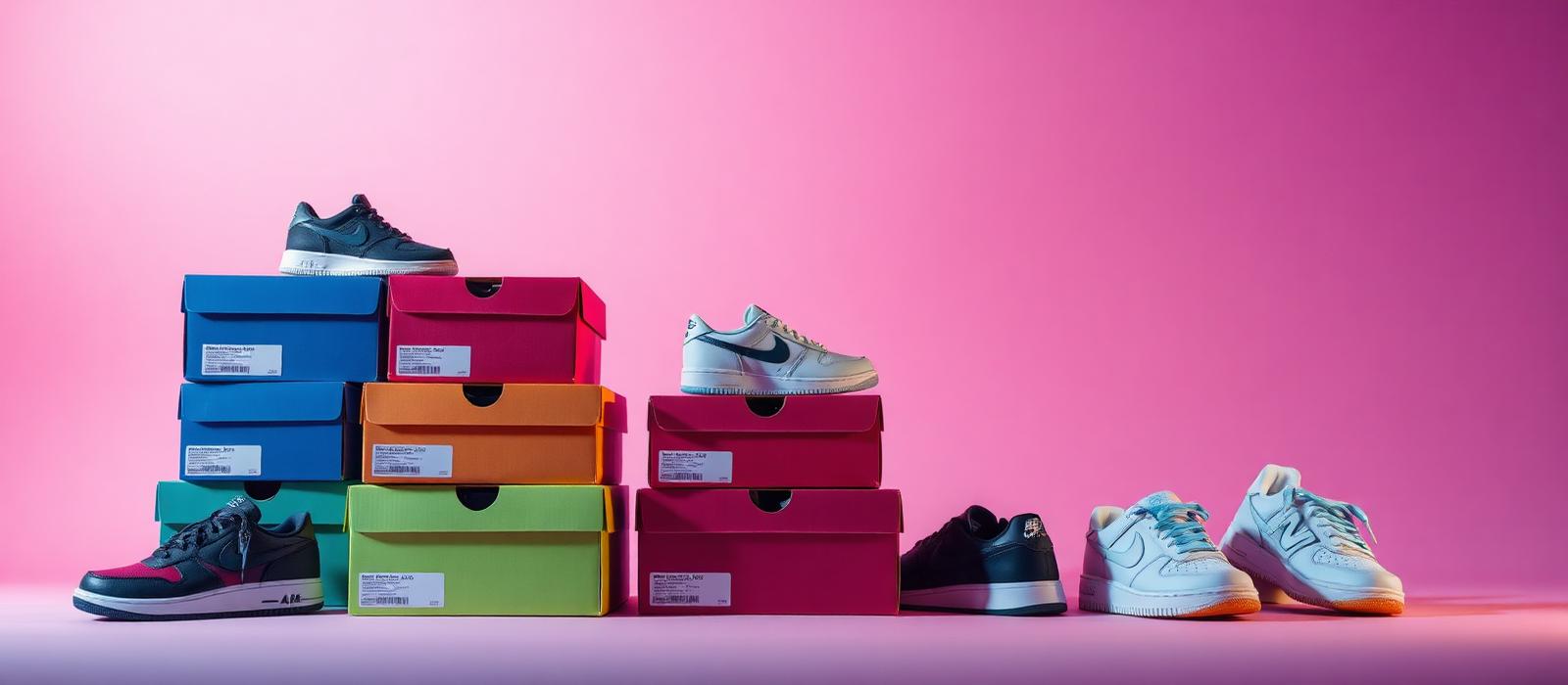 Colorful stacked sneaker boxes and pairs of trendy sneakers on a pink backdrop